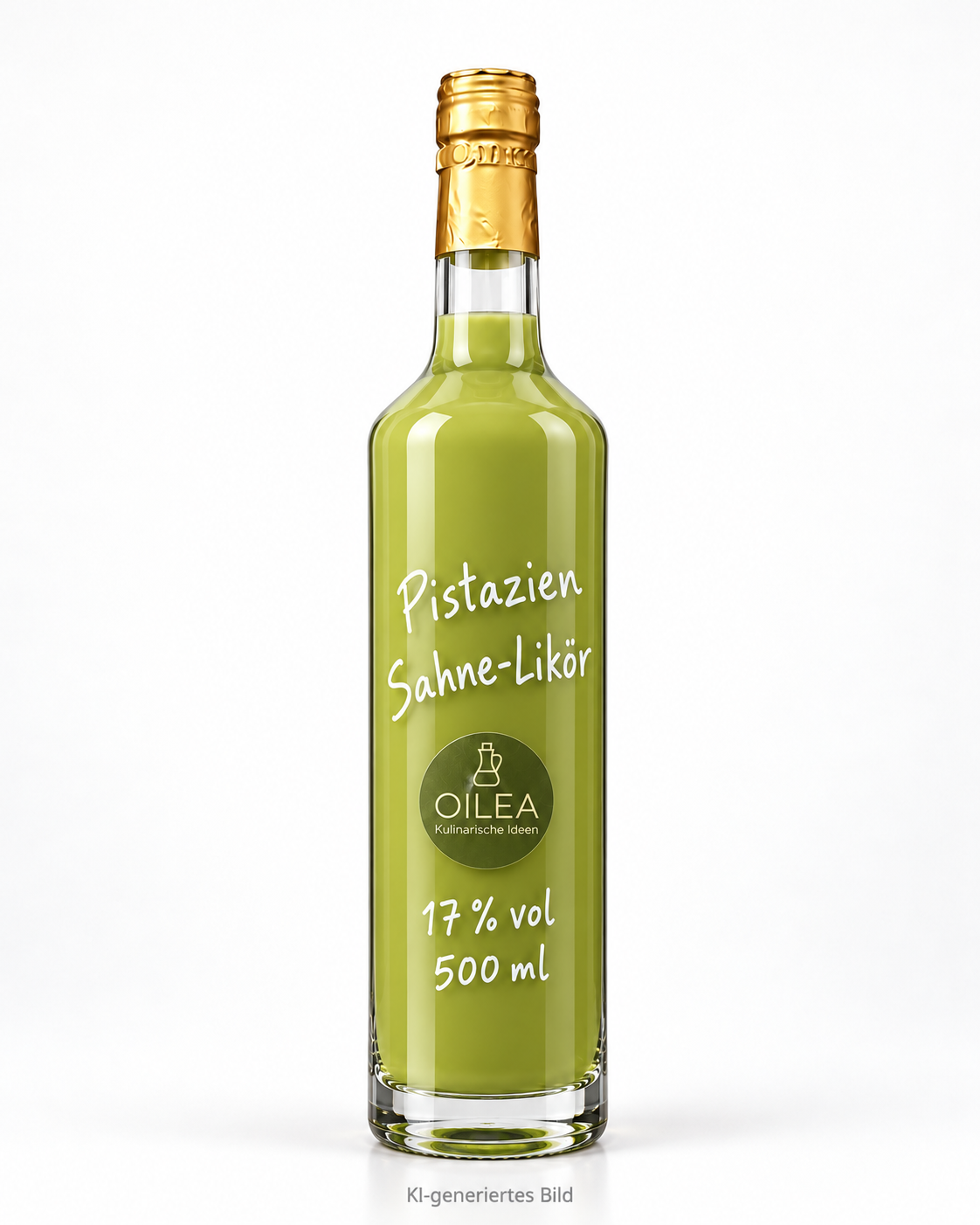 Pistazien Sahne-Likör 17 % vol in der OILEA-Geradhalsflasche 500 ml auf weißem Hintergrund
