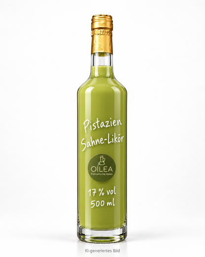 Pistazien Sahne-Likör 17 % vol in der OILEA-Geradhalsflasche 500 ml auf weißem Hintergrund