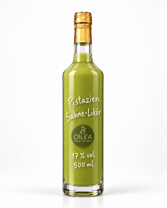 Pistazien Sahne-Likör 17 % vol in der OILEA-Geradhalsflasche 500 ml auf weißem Hintergrund