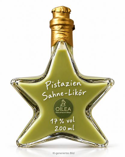 Pistazien Sahne-Likör 17 % vol in der OILEA-Sternflasche 200 ml auf weißem Hintergrund
