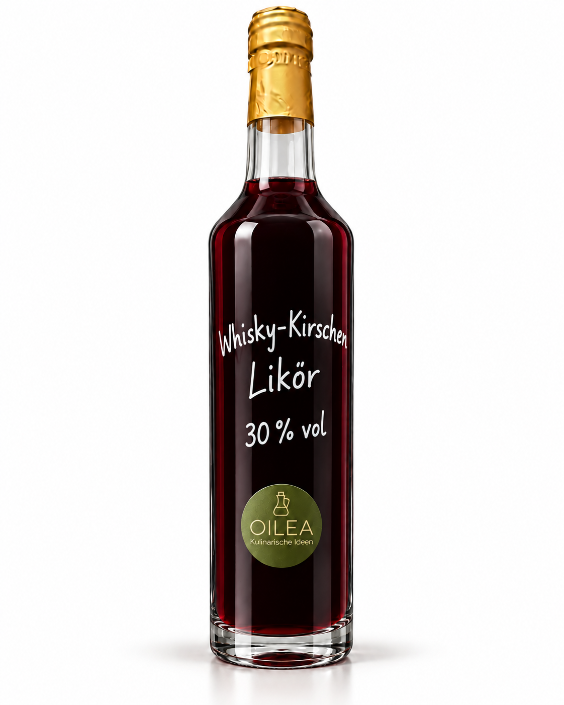 Whisky-Kirschen Likör 30 % vol in der schmalen OILEA-Geradhalsflasche 250 ml auf weißem Hintergrund