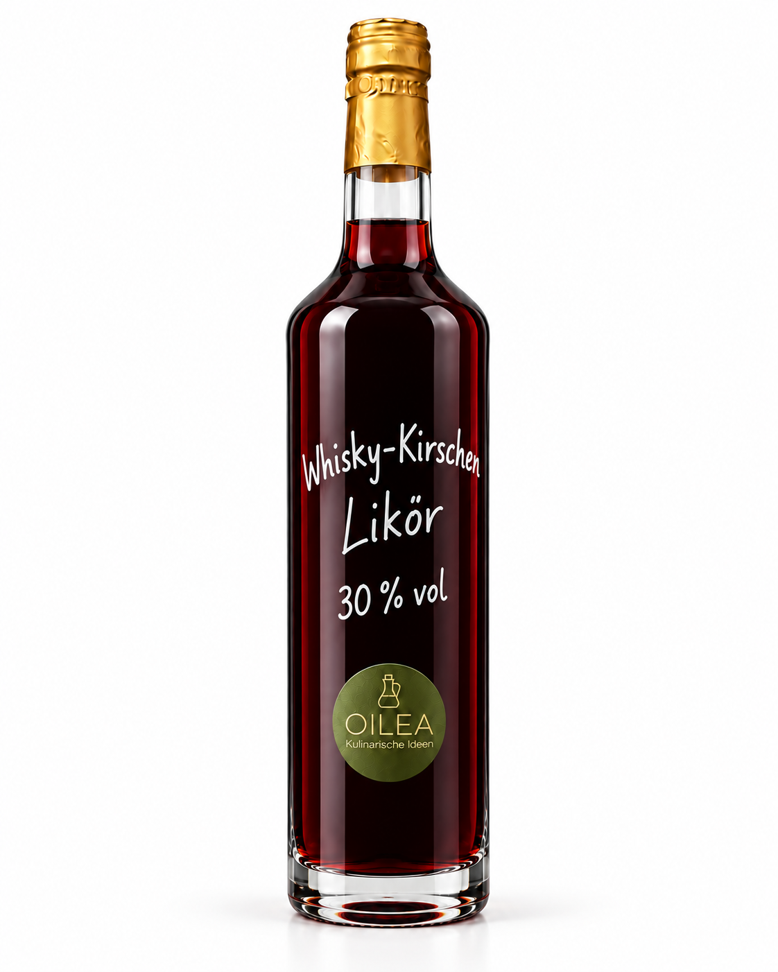 Whisky-Kirschen Likör 30 % vol in der OILEA-Geradhalsflasche 500 ml auf weißem Hintergrund