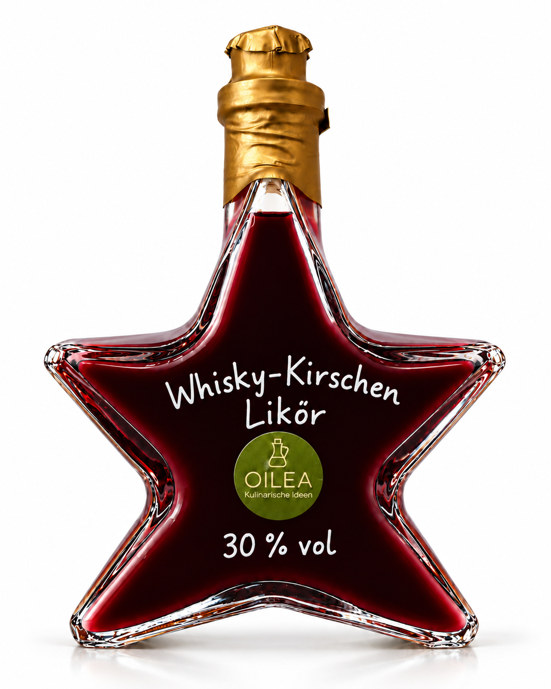 Whisky-Kirschen Likör 30 % vol in der OILEA-Sternflasche 200 ml auf weißem Hintergrund