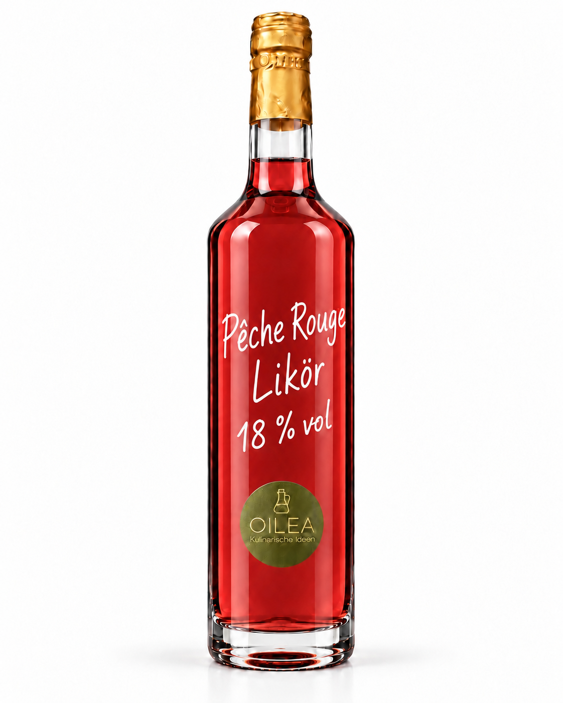 Pêche Rouge Likör 18 % vol – Roter Weinbergpfirsich in der OILEA-Geradhalsflasche auf weißem Hintergrund