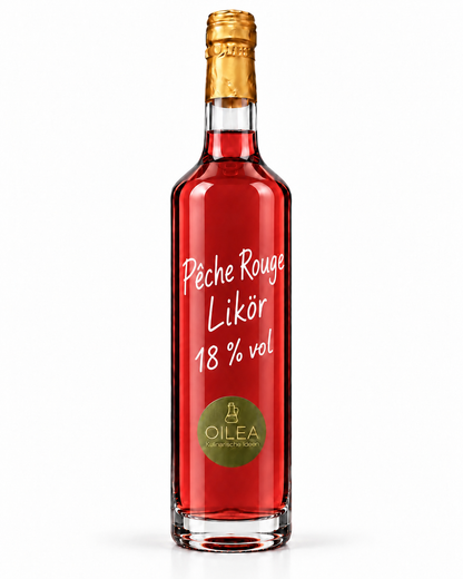 Pêche Rouge Likör 18 % vol – Roter Weinbergpfirsich in der OILEA-Geradhalsflasche auf weißem Hintergrund