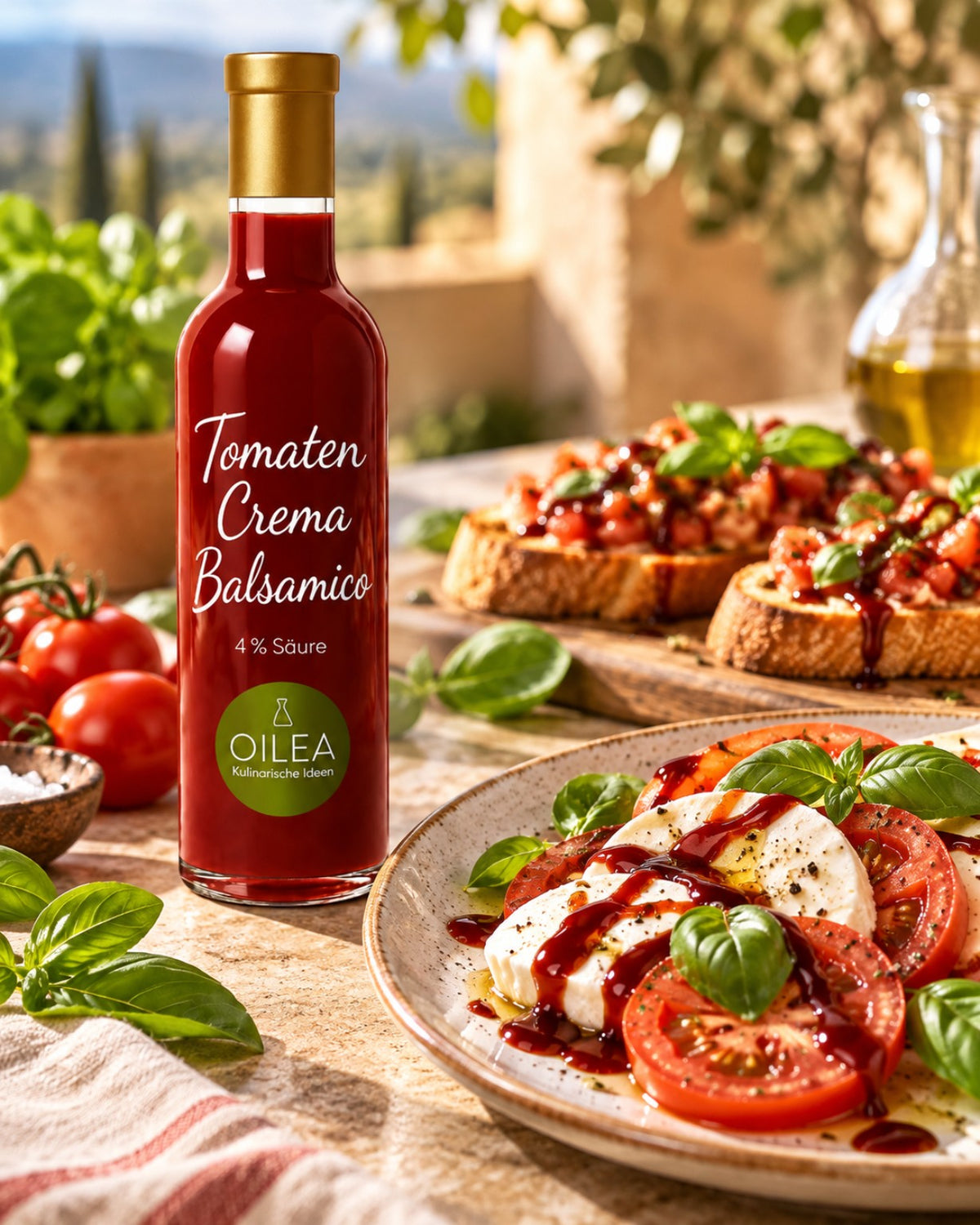 KI-generierte Anwendungsszene: OILEA Tomaten Crema zu Bruschetta und Tomate-Mozzarella