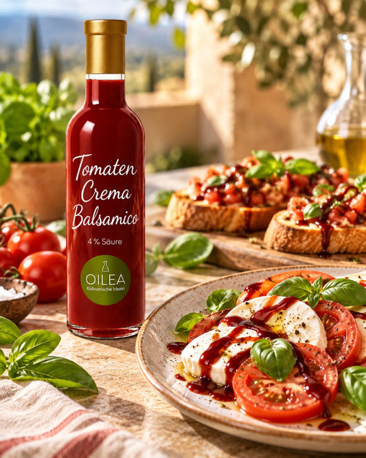 KI-generierte Anwendungsszene: OILEA Tomaten Crema zu Bruschetta und Tomate-Mozzarella