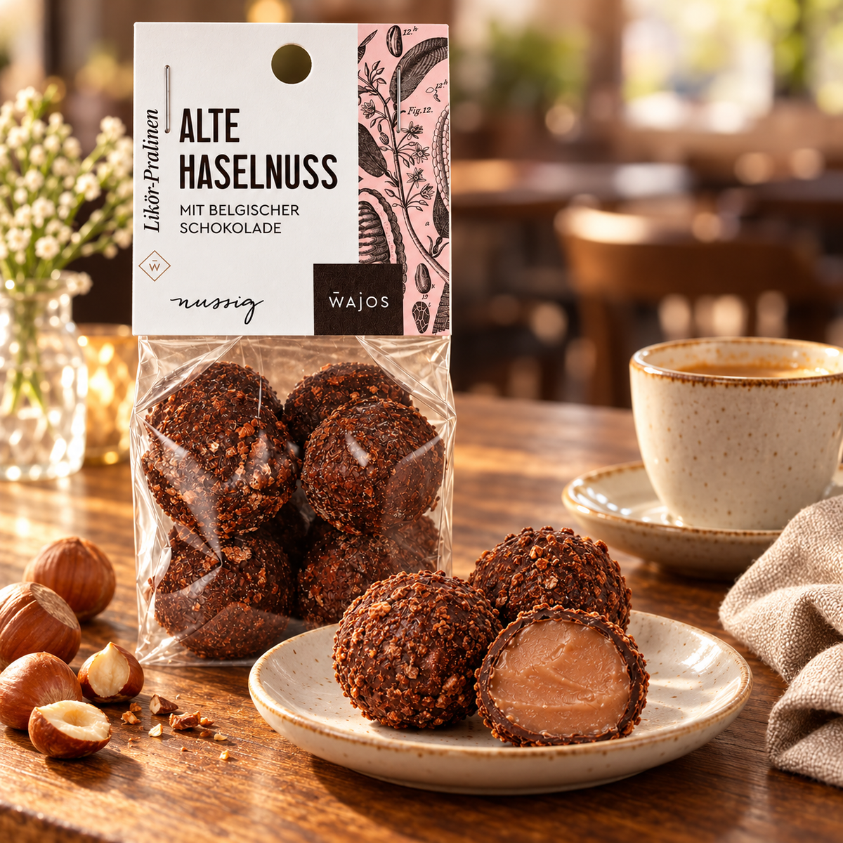Alte Haselnuss Pralinen mit Anschnitt zu Espresso und Haselnüssen auf einem gedeckten Cafétisch