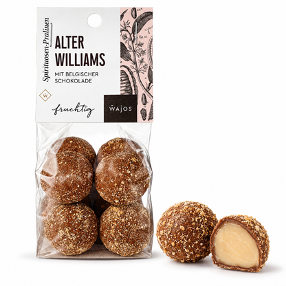 Alter Willi Pralinen von Wajos – 100-g-Packung Alter Williams mit ganzer Praline und Anschnitt auf Weiß