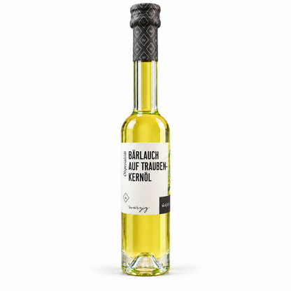 Wajos Bärlauch auf Traubenkernöl – Originalflasche 100 ml auf weißem Hintergrund