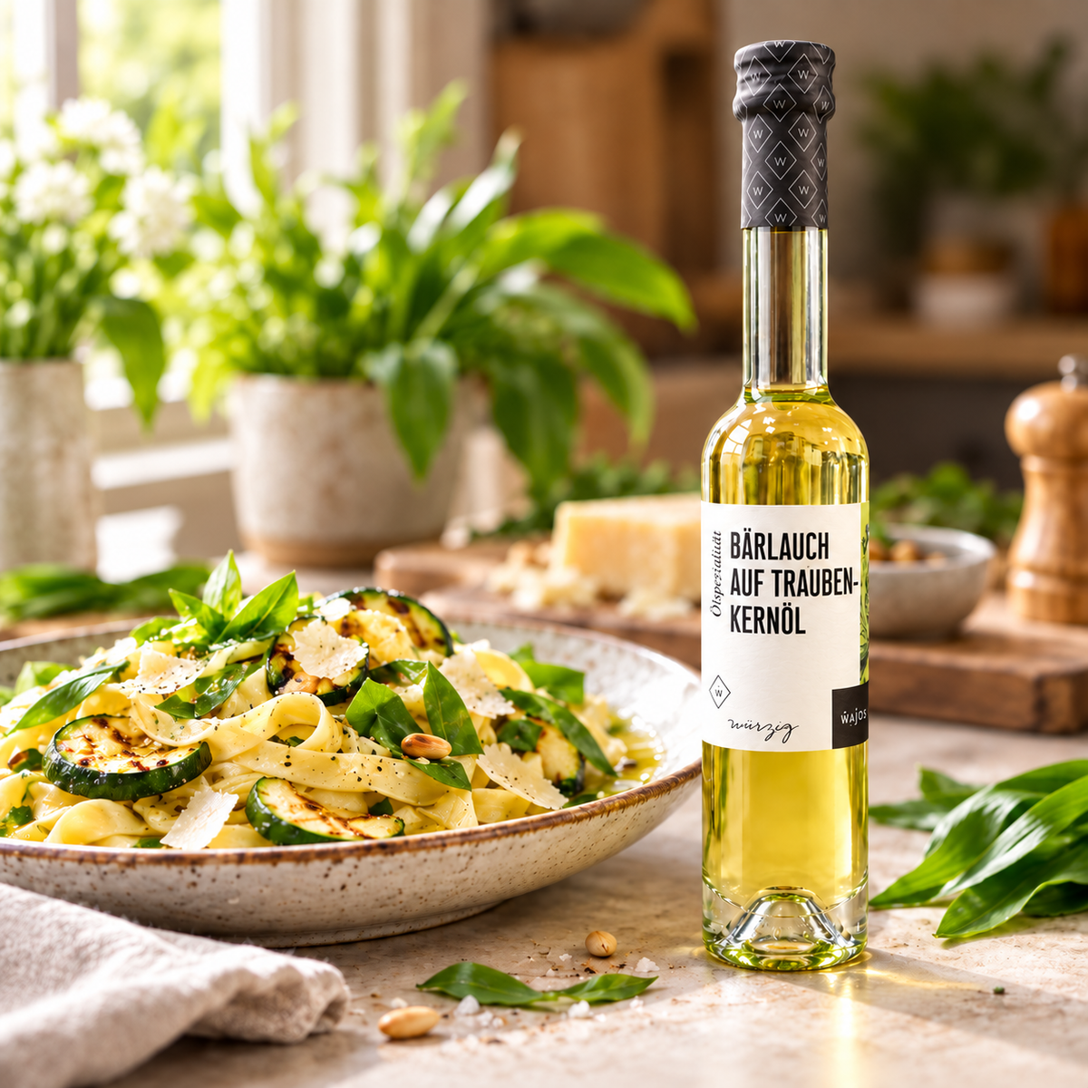 Bärlauch auf Traubenkernöl von Wajos zu Tagliatelle mit Zucchini – Anwendungsidee
