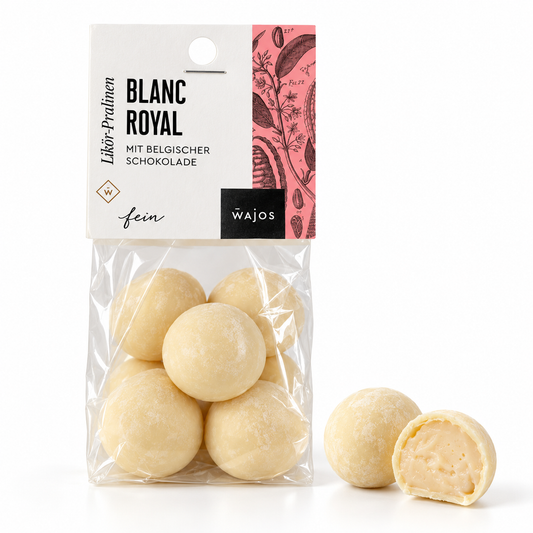 Blanc Royal Likör-Pralinen von Wajos – 100-g-Packung mit weißer Schokolade, ganzer Praline und Anschnitt