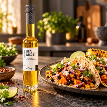 Chipotle Würzöl von Wajos mit Tacos, Mais und Limette – Anwendungsidee