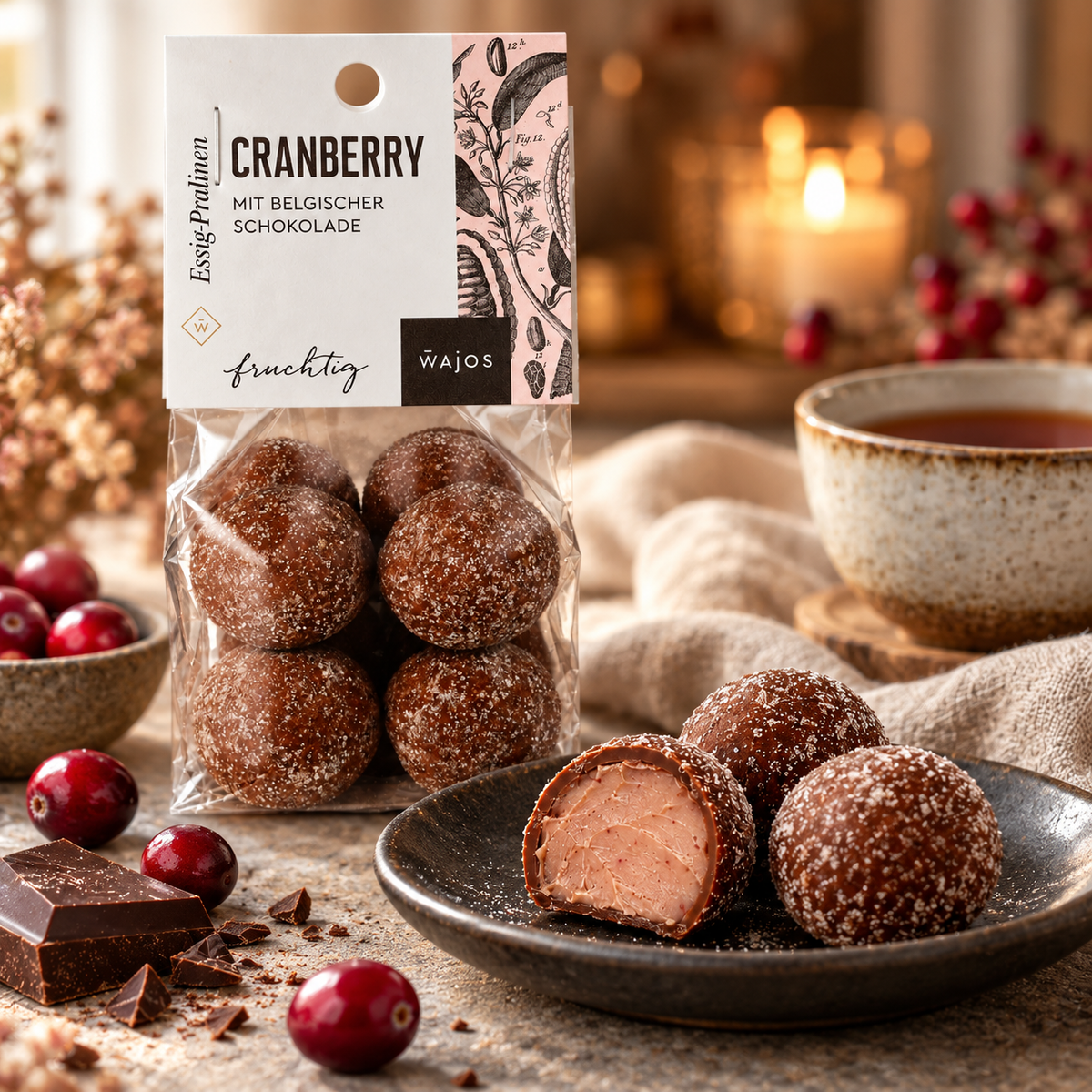 Cranberry-Essig-Pralinen mit Anschnitt, Cranberrys, Schokolade und Tee im warmen Ambiente