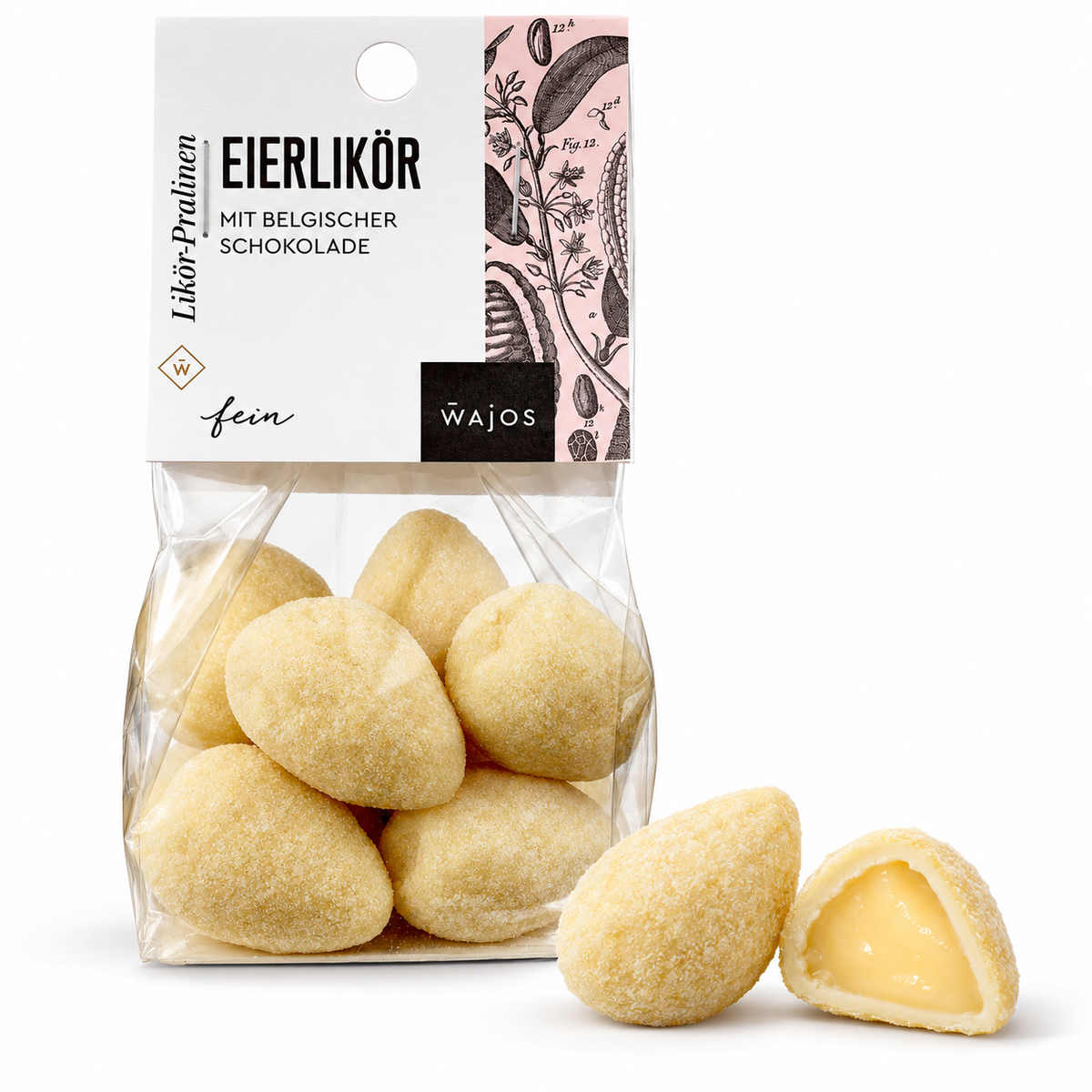 Eierlikör-Pralinen von Wajos – 100-g-Packung mit ganzer Praline in Tropfenform und Anschnitt
