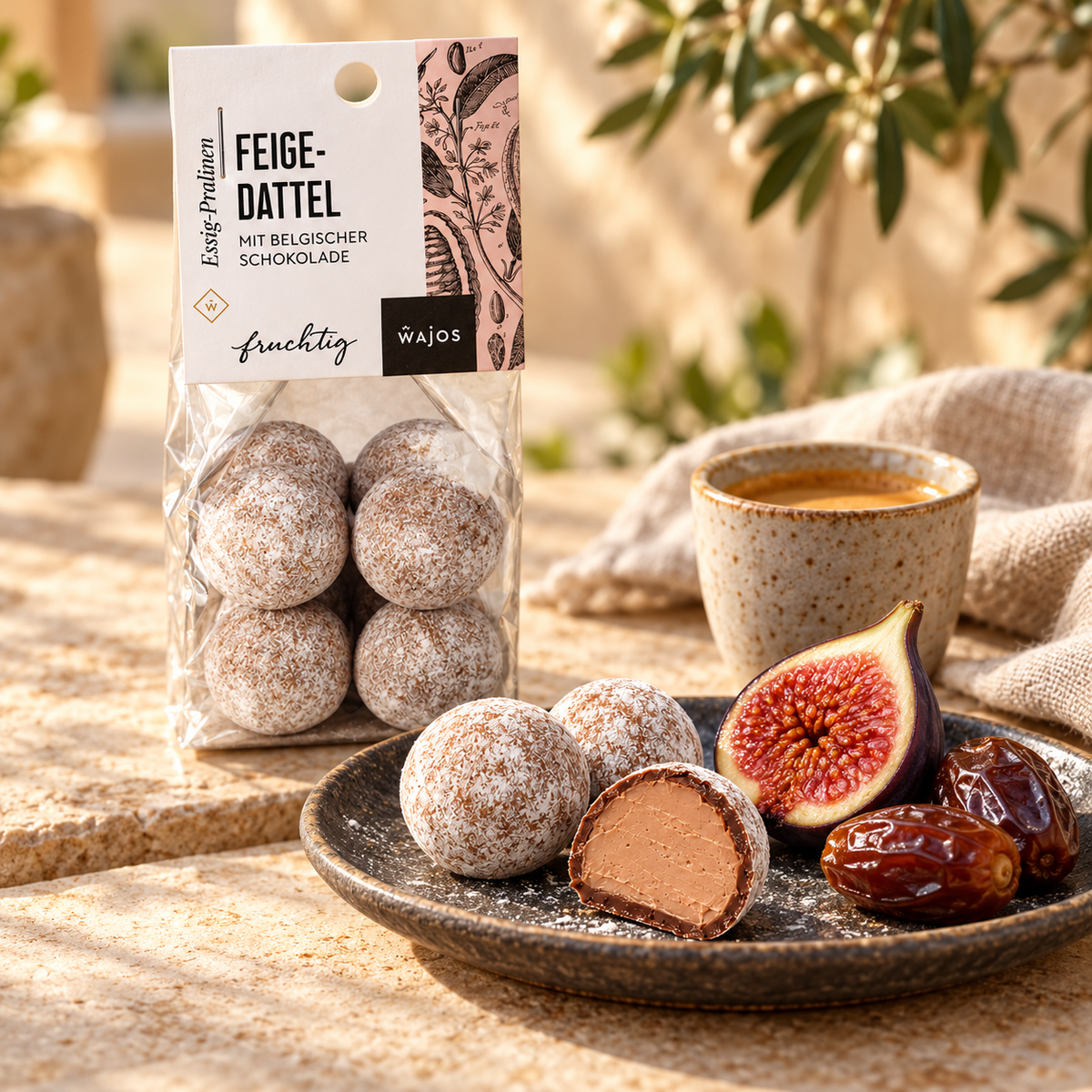 Feige-Dattel-Essig-Pralinen mit Anschnitt, frischer Feige, Datteln und Espresso auf einem gedeckten Tisch