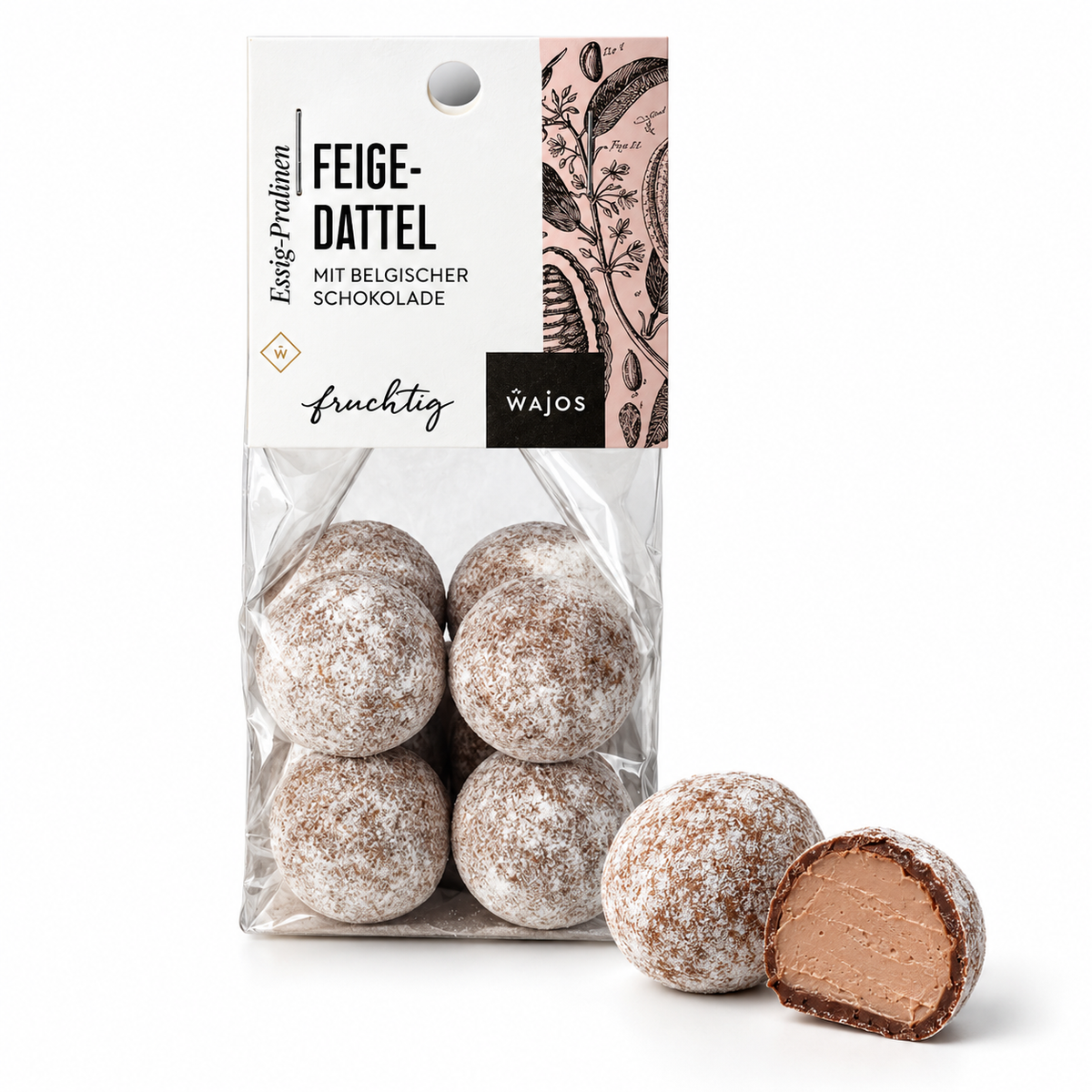 Feige-Dattel-Essig-Pralinen von Wajos – 100-g-Packung mit ganzer Praline und Anschnitt auf Weiß