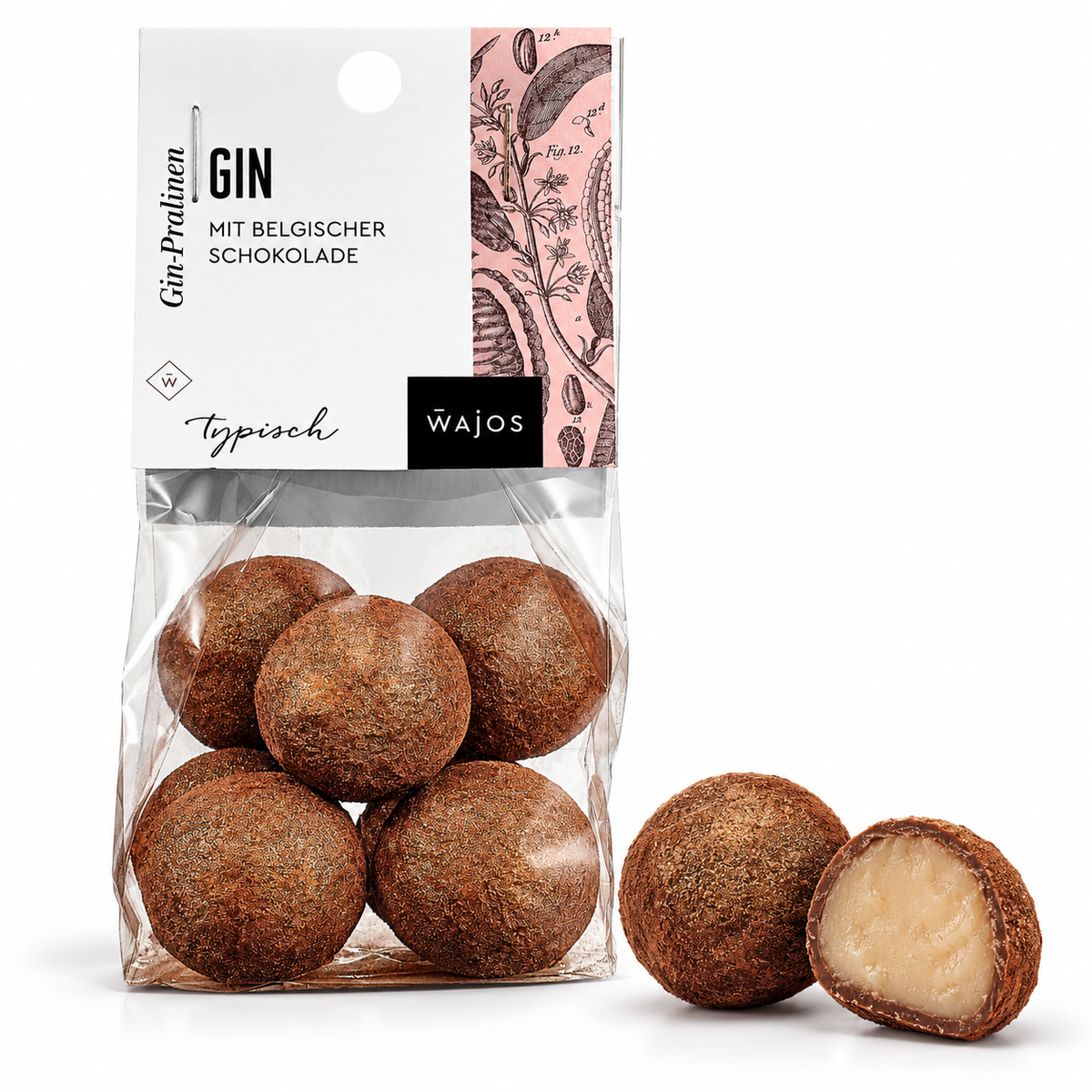 Gin-Pralinen von Wajos – 100-g-Packung mit ganzer Praline und cremigem Anschnitt auf Weiß