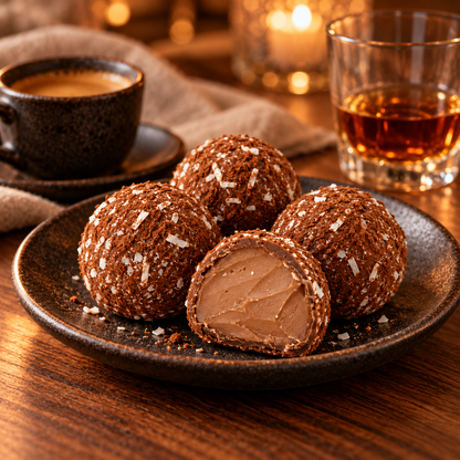 Jamaica Rum Pralinen mit Anschnitt auf einem dunklen Teller zu Espresso und einem Glas Rum