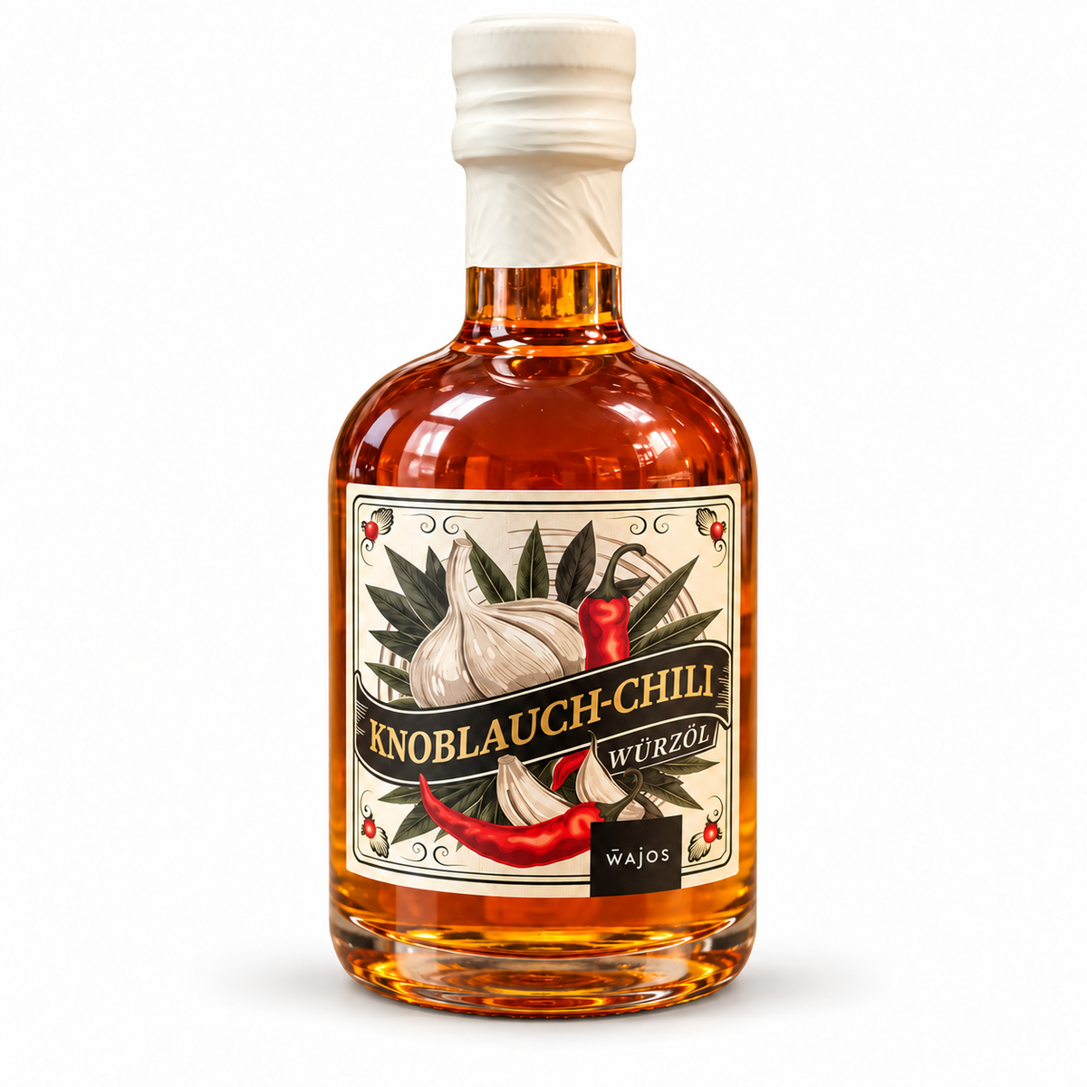Wajos Knoblauch-Chili Würzöl 250 ml – Originalflasche auf weißem Hintergrund