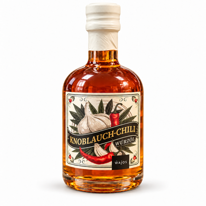 Wajos Knoblauch-Chili Würzöl 250 ml – Originalflasche auf weißem Hintergrund