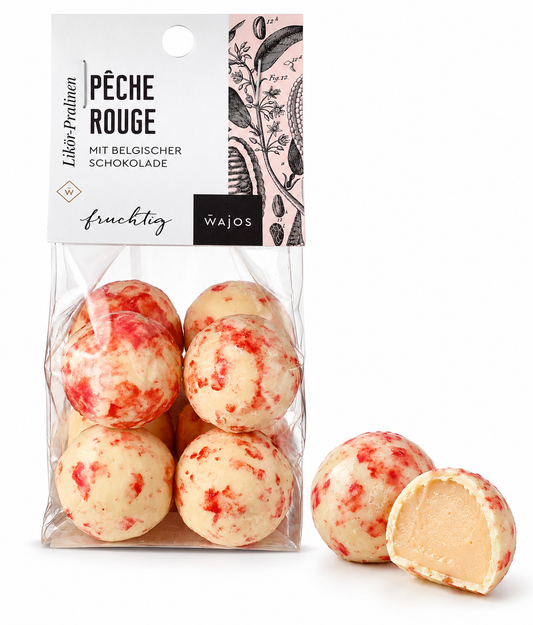 Pêche Rouge Likör-Pralinen von Wajos – 100-g-Packung mit rot-weißer Praline und Anschnitt