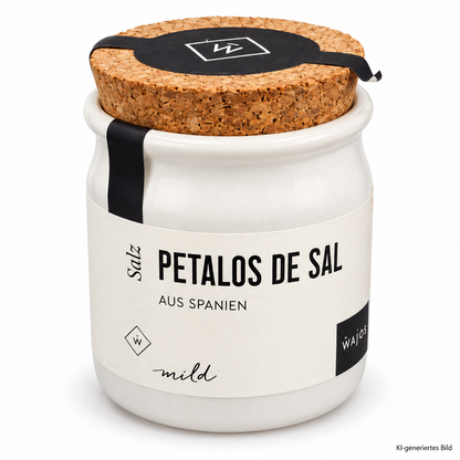 Wajos Pétalos de Sal 55 g im weißen Keramiktöpfchen mit Korkdeckel – KI-generiertes Produktbild