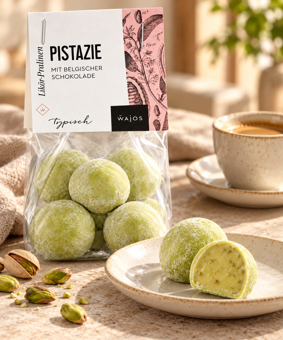 Pistazienlikör-Pralinen mit Anschnitt und Pistazien zu Espresso im hellen Café-Ambiente