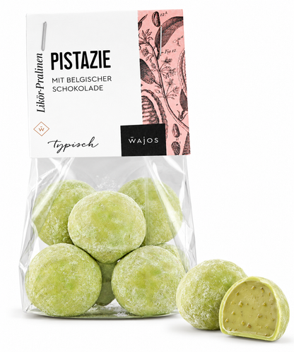 Pistazienlikör-Pralinen von Wajos – 100-g-Packung mit grüner Praline und cremigem Anschnitt