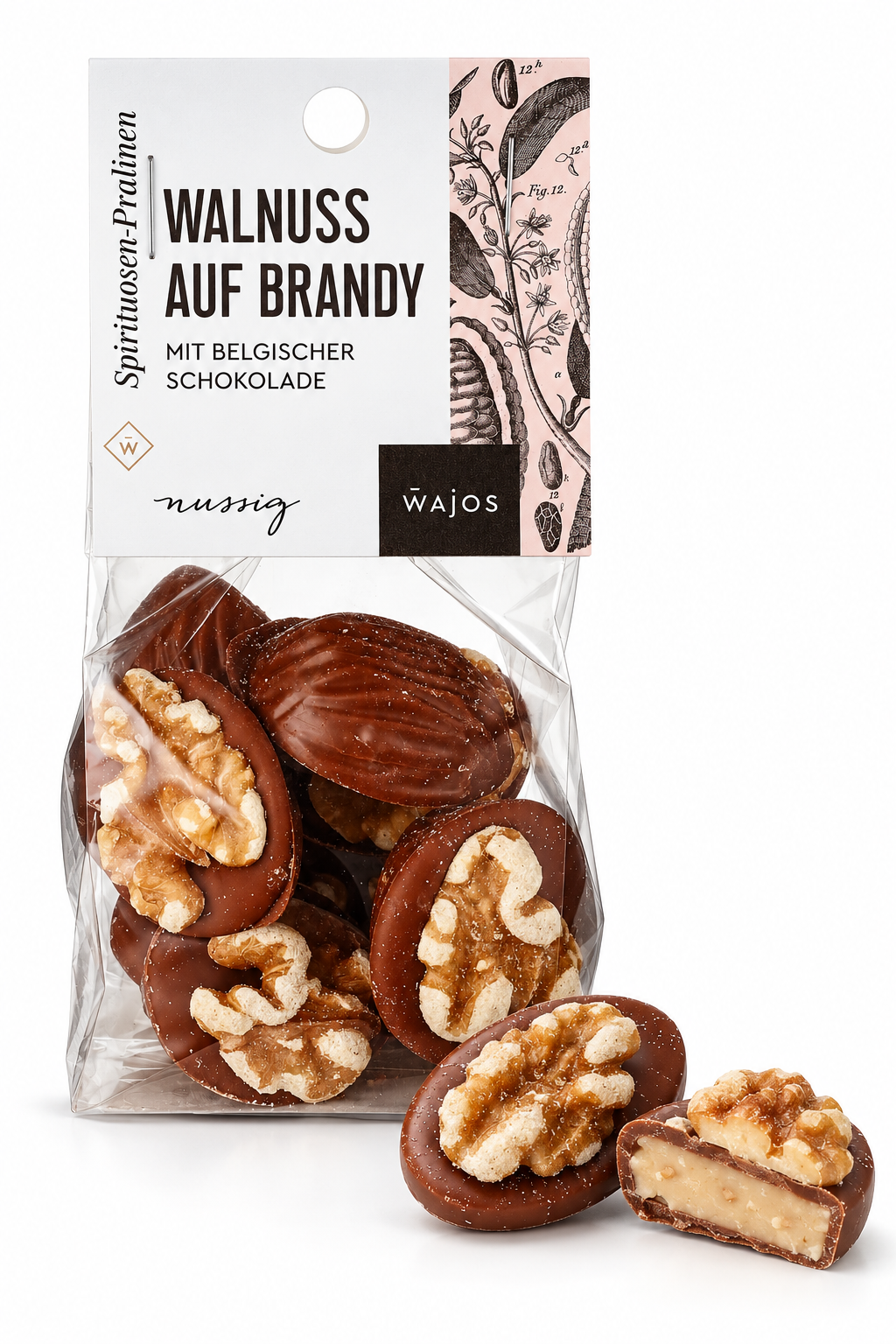 Walnuss auf Brandy Pralinen von Wajos – 100-g-Packung, Praline mit Walnussauflage und Anschnitt