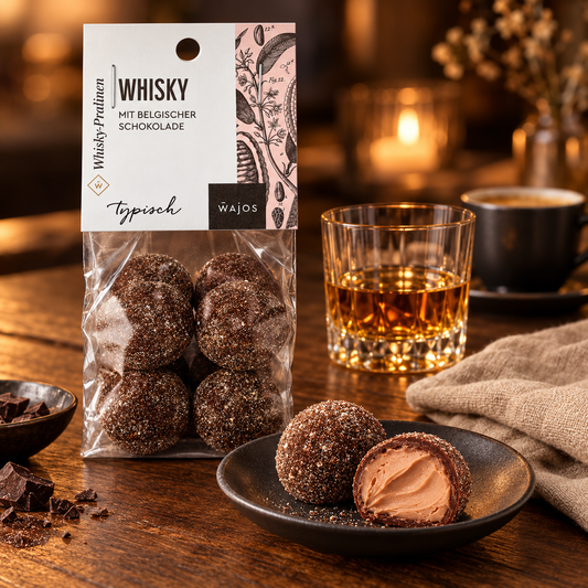 Whisky-Pralinen mit Anschnitt, dunkler Schokolade, Espresso und Whisky im warmen Abend-Ambiente