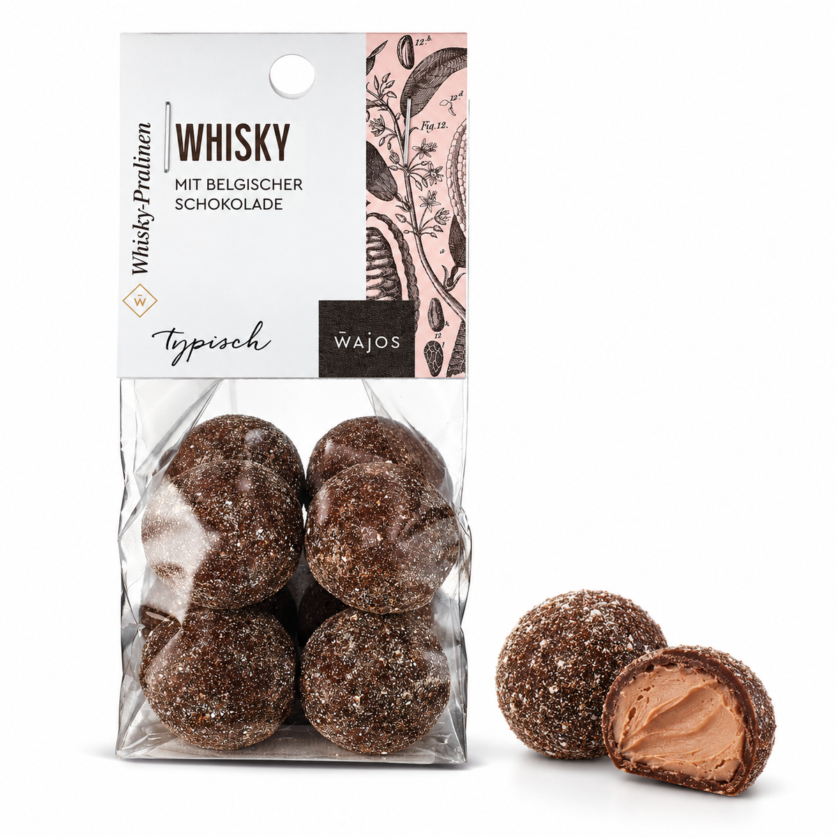 Whisky-Pralinen von Wajos – 100-g-Packung mit ganzer Schokoladentrüffel-Praline und Anschnitt auf Weiß