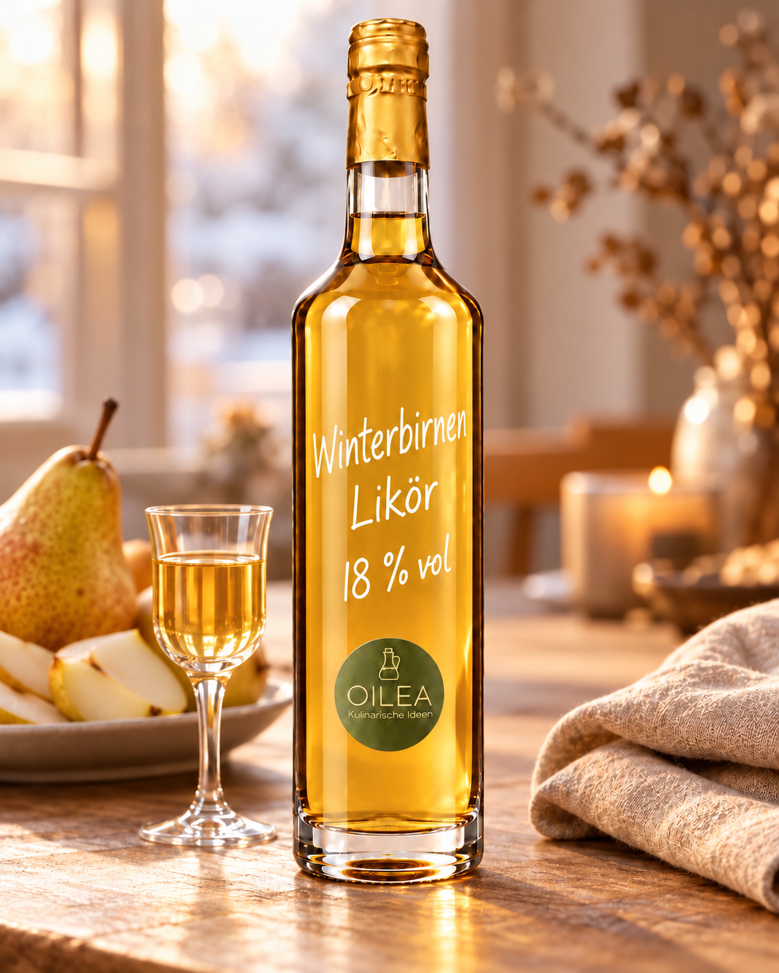 Winterbirnen Likör 18 % vol in einer passenden Genuss-Szene – Serviervorschlag