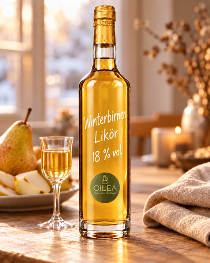 Winterbirnen Likör 18 % vol in einer passenden Genuss-Szene – Serviervorschlag